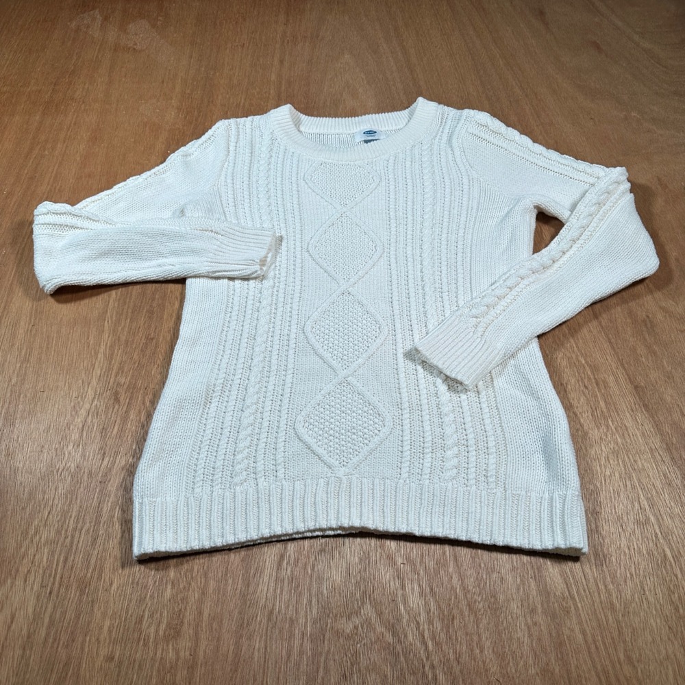 Old Navy Sweater Women Medium White Classic Cable Knit Diamond Long Sleeve